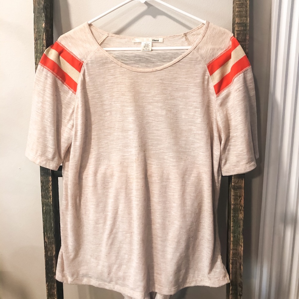 Beige Top with Salmon Stripes on Sleeves